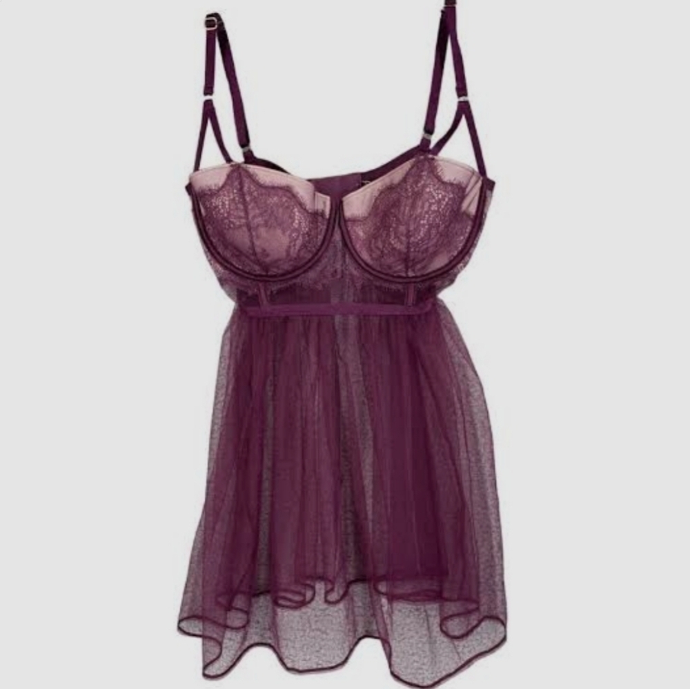 Victoria's Secret Babydoll Tulle Chemise Lingerie Push Up Sheer Purple 36D
